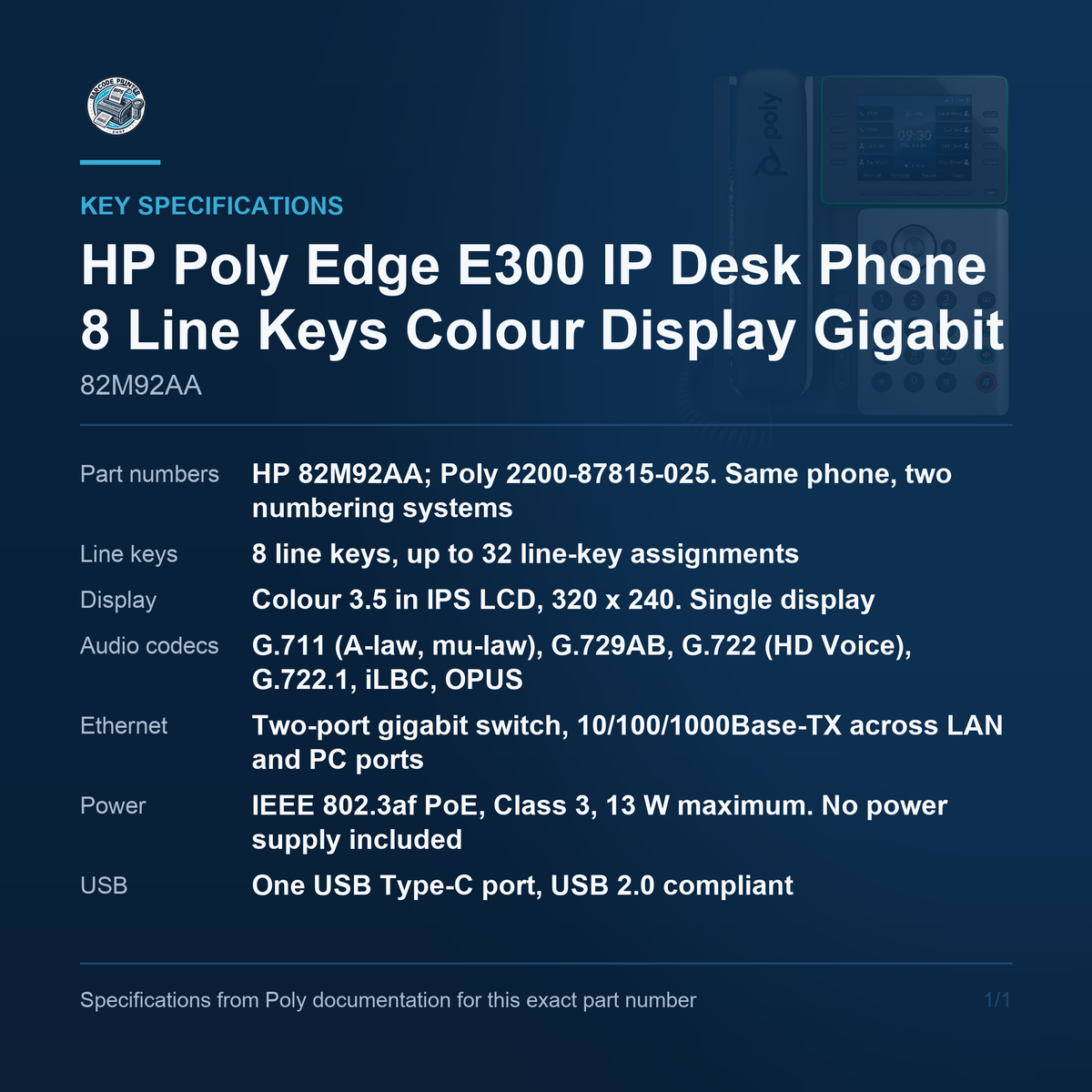 HP Poly Edge E300 IP Desk Phone 8 Line Keys Colour Display 82M92AA key specifications