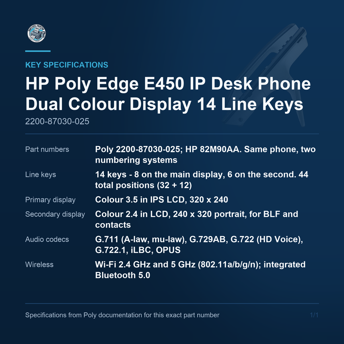 HP Poly Edge E450 IP Desk Phone Dual Colour Display 14 2200-87030-025 key specifications