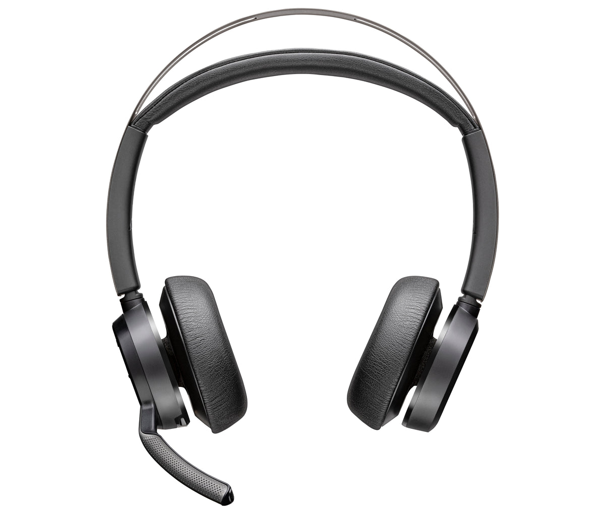 Poly Voyager Focus 2 — stereo on-ear headset with the boom mic down
