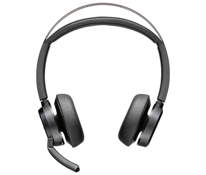 Poly Voyager Focus 2 — stereo on-ear headset with the boom mic down