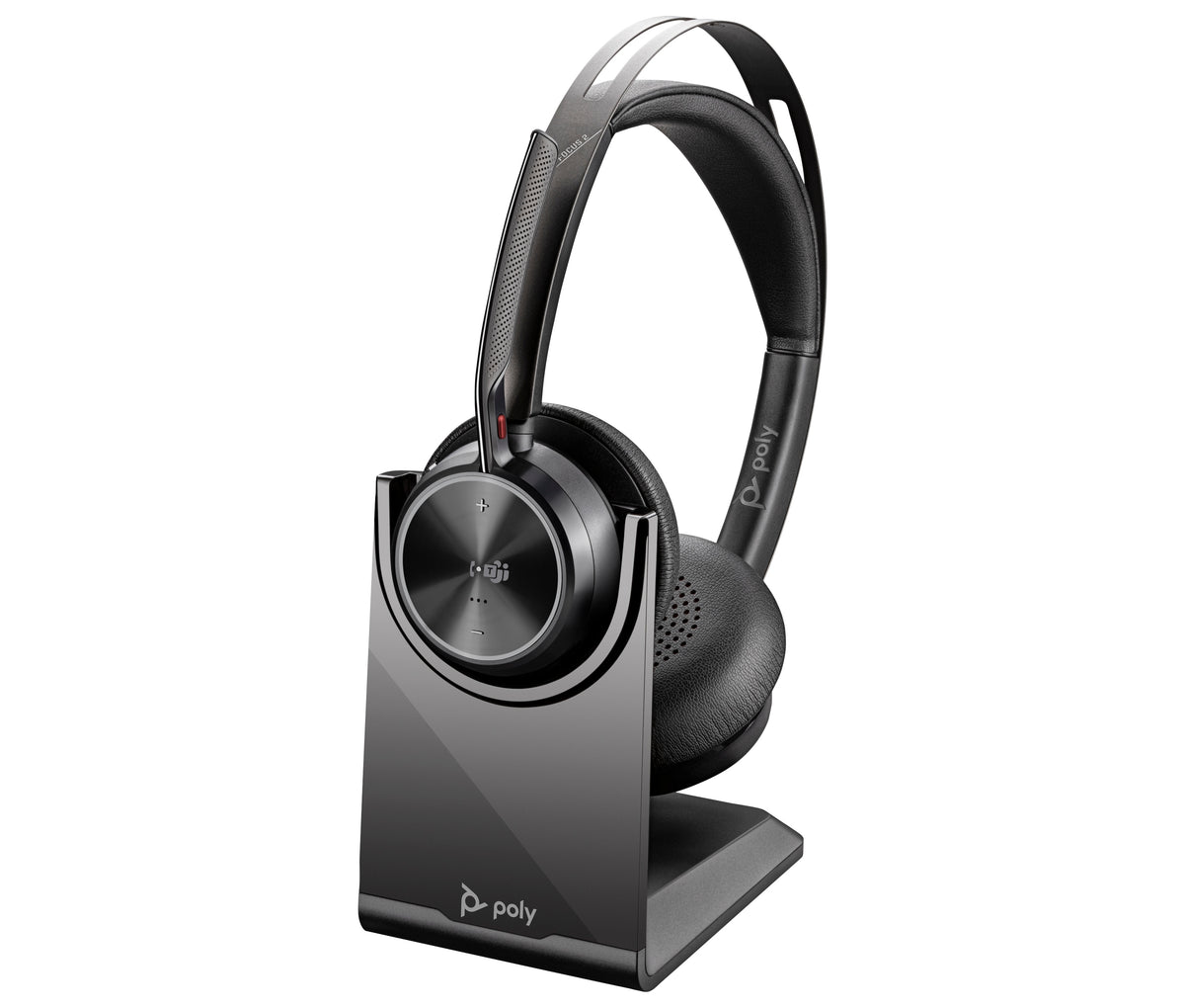 Poly Voyager Focus 2 — headset seated on its charge stand