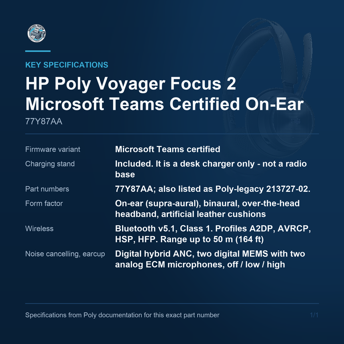 HP Poly Voyager Focus 2 Microsoft Teams Certified On-Ear 77Y87AA key specifications
