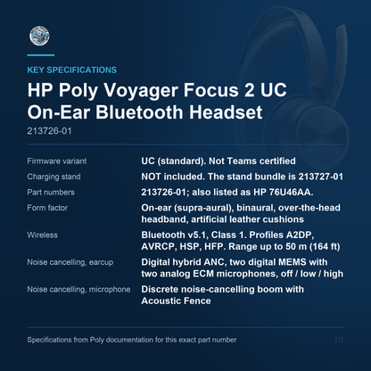 HP Poly Voyager Focus 2 UC On-Ear Bluetooth Headset with 213726-01 key specifications