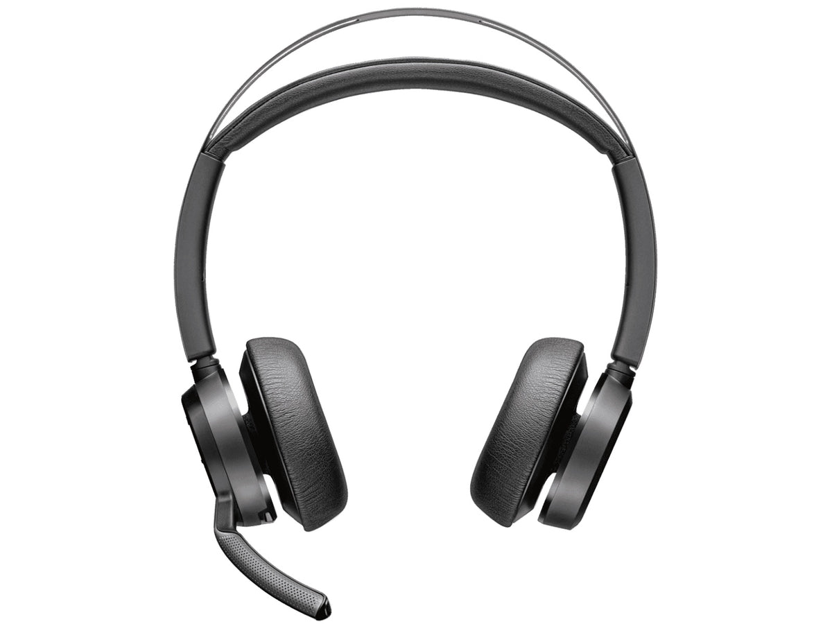 Poly Voyager Focus 2 UC stereo Bluetooth headset in black with the boom microphone