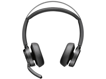 Poly Voyager Focus 2 UC stereo Bluetooth headset in black with the boom microphone