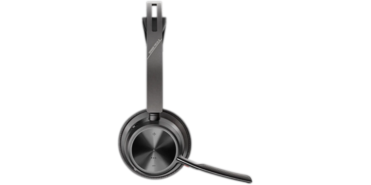 Poly Voyager Focus 2 UC headset, three-quarter view of the boom and earcup