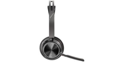Poly Voyager Focus 2 UC headset, three-quarter view of the boom and earcup
