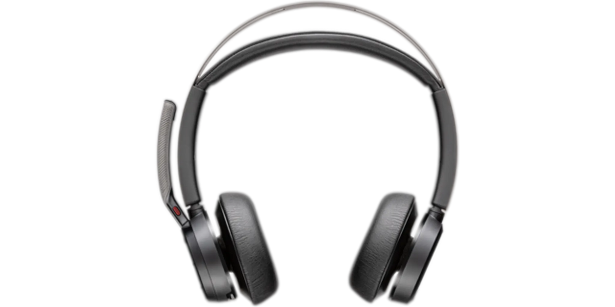 Poly Voyager Focus 2 UC stereo headset, front view of both earcups
