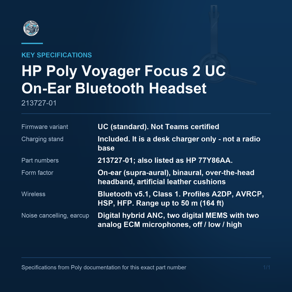 HP Poly Voyager Focus 2 UC On-Ear Bluetooth Headset with 213727-01 key specifications