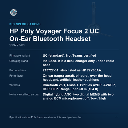 HP Poly Voyager Focus 2 UC On-Ear Bluetooth Headset with 213727-01 key specifications