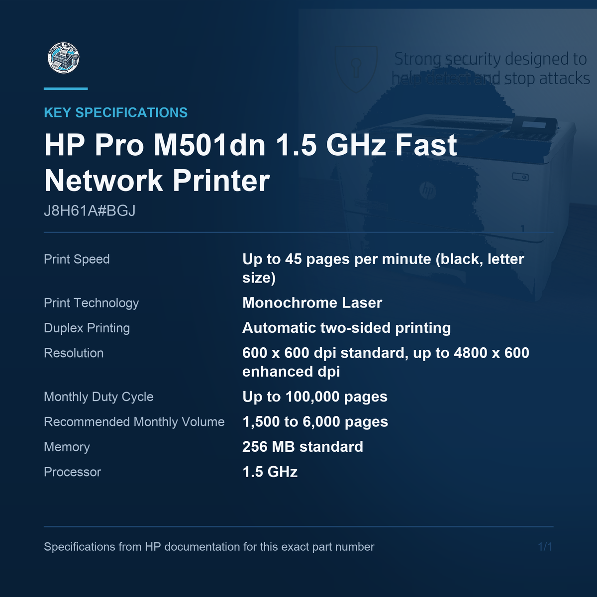 HP Pro M501dn 1.5 GHz Fast Network Printer J8H61A#BGJ key specifications