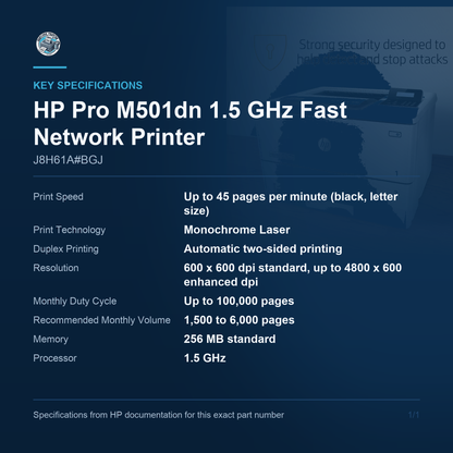 HP Pro M501dn 1.5 GHz Fast Network Printer J8H61A#BGJ key specifications