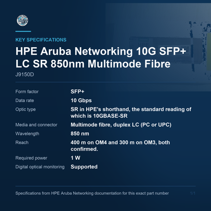 HPE Aruba Networking 10G SFP+ LC SR 850nm Multimode Fibre J9150D key specifications