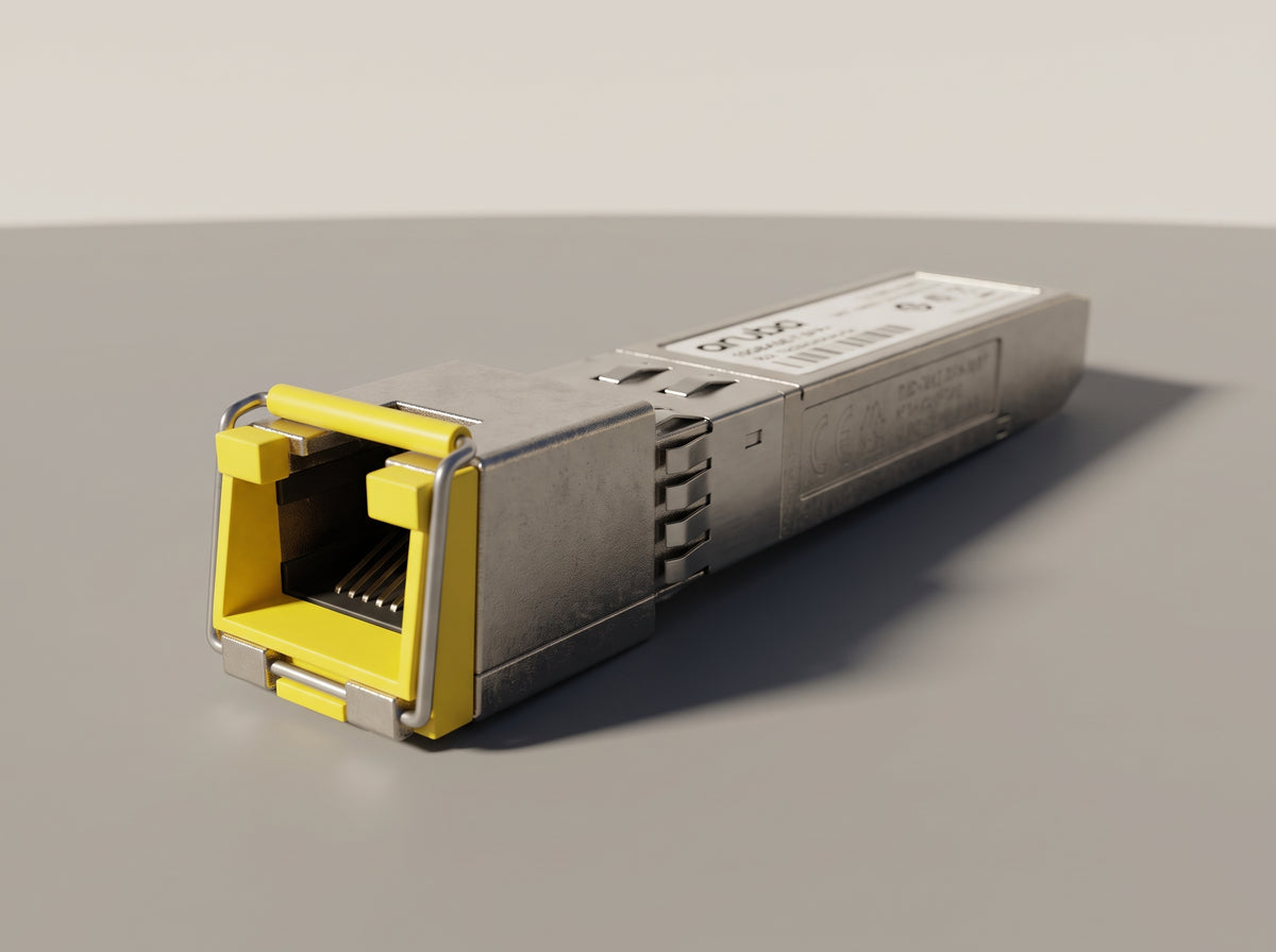 HPE Aruba 10GBASE-T SFP+ transceiver with the yellow RJ45 latch  — AI-generated image