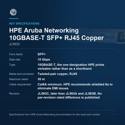 HPE Aruba Networking 10GBASE-T SFP+ RJ45 Copper Transceiver JL563C key specifications