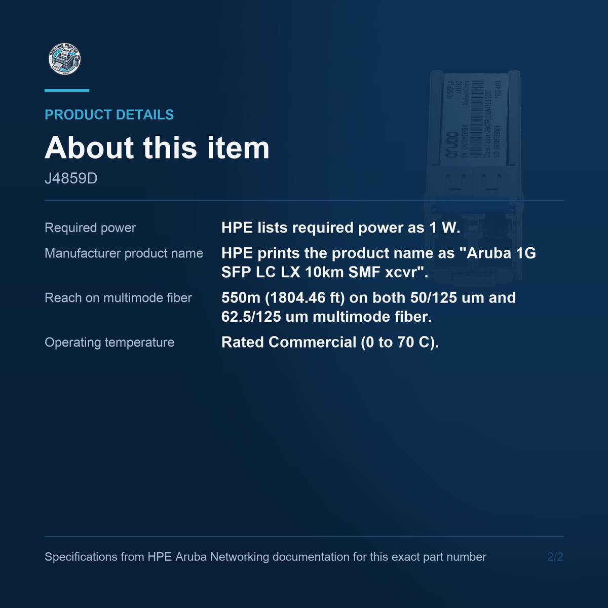 HPE Aruba Networking 1G SFP LC LX 1310nm Single-Mode J4859D additional product details