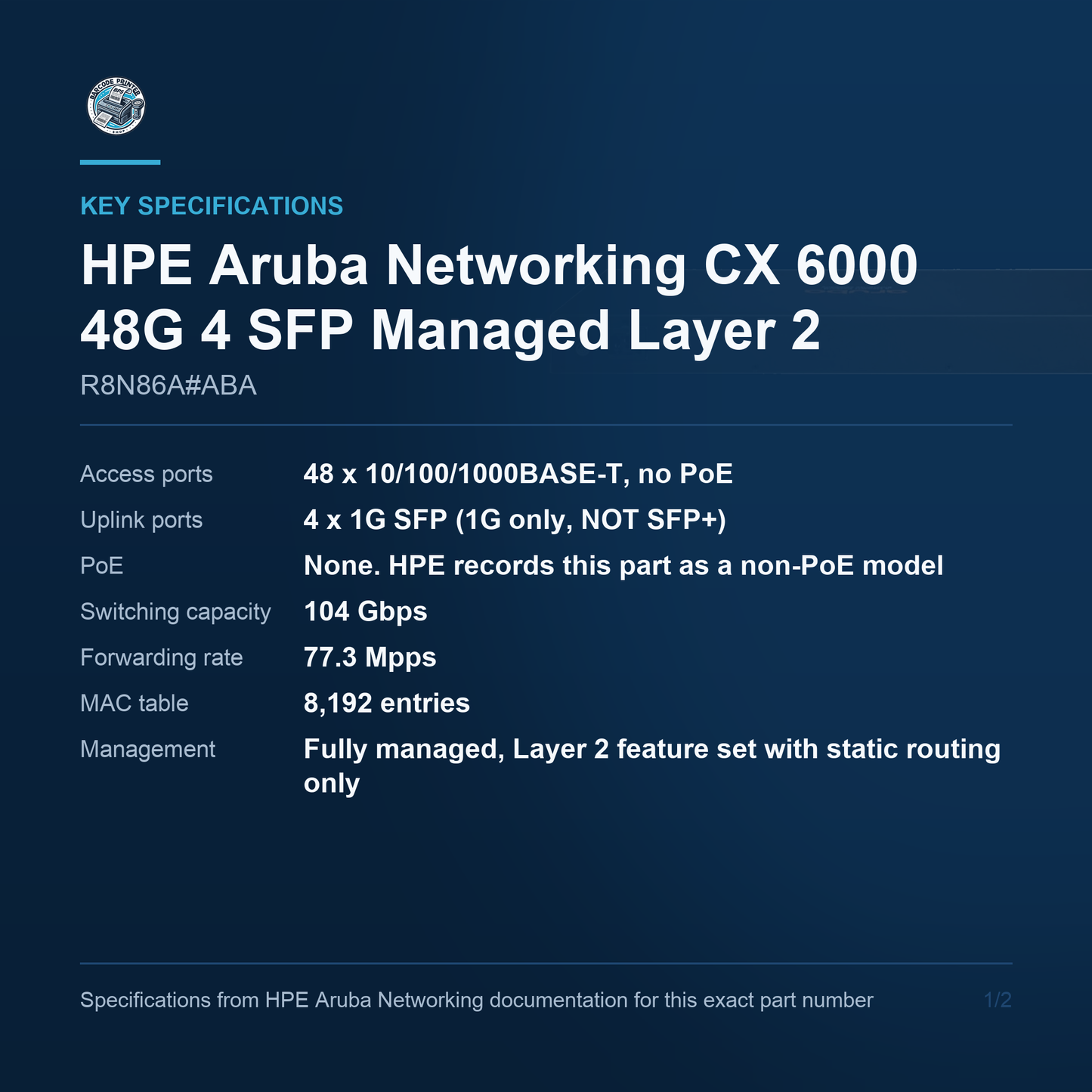 HPE Aruba Networking CX 6000 48G 4 SFP Managed Layer 2 R8N86A#ABA key specifications