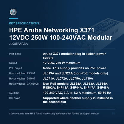 HPE Aruba Networking X371 12VDC 250W 100-240VAC Modular JL085A#ABA key specifications