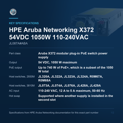 HPE Aruba Networking X372 54VDC 1050W 110-240VAC Modular JL087A#ABA key specifications