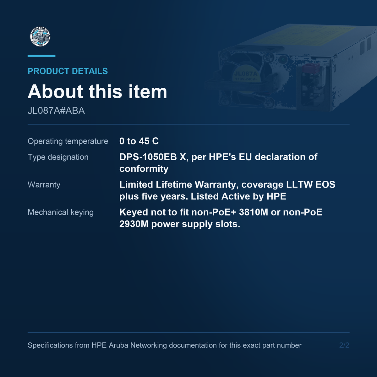 HPE Aruba Networking X372 54VDC 1050W 110-240VAC JL087A#ABA additional product details