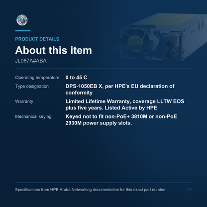 HPE Aruba Networking X372 54VDC 1050W 110-240VAC JL087A#ABA additional product details