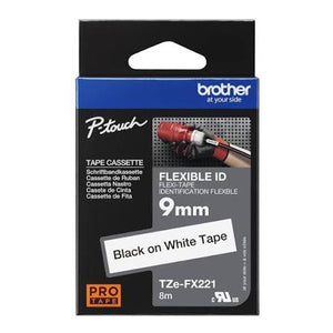 New, Pre-owned, Genuine Brother TZe-FX221 Black on White Flexible ID Laminated Tape for P-touch Label Makers, 9 mm wide x 8 m long