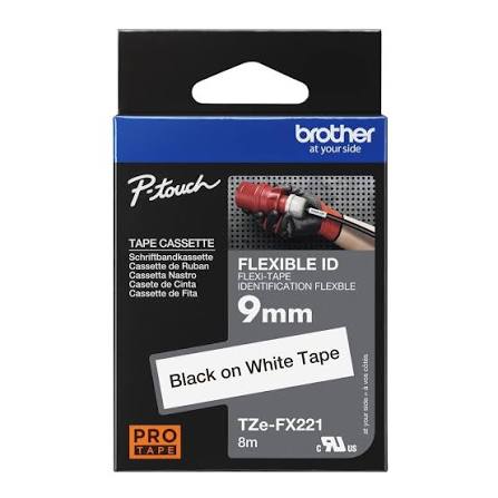 New, Pre-owned, Genuine Brother TZe-FX221 Black on White Flexible ID Laminated Tape for P-touch Label Makers, 9 mm wide x 8 m long