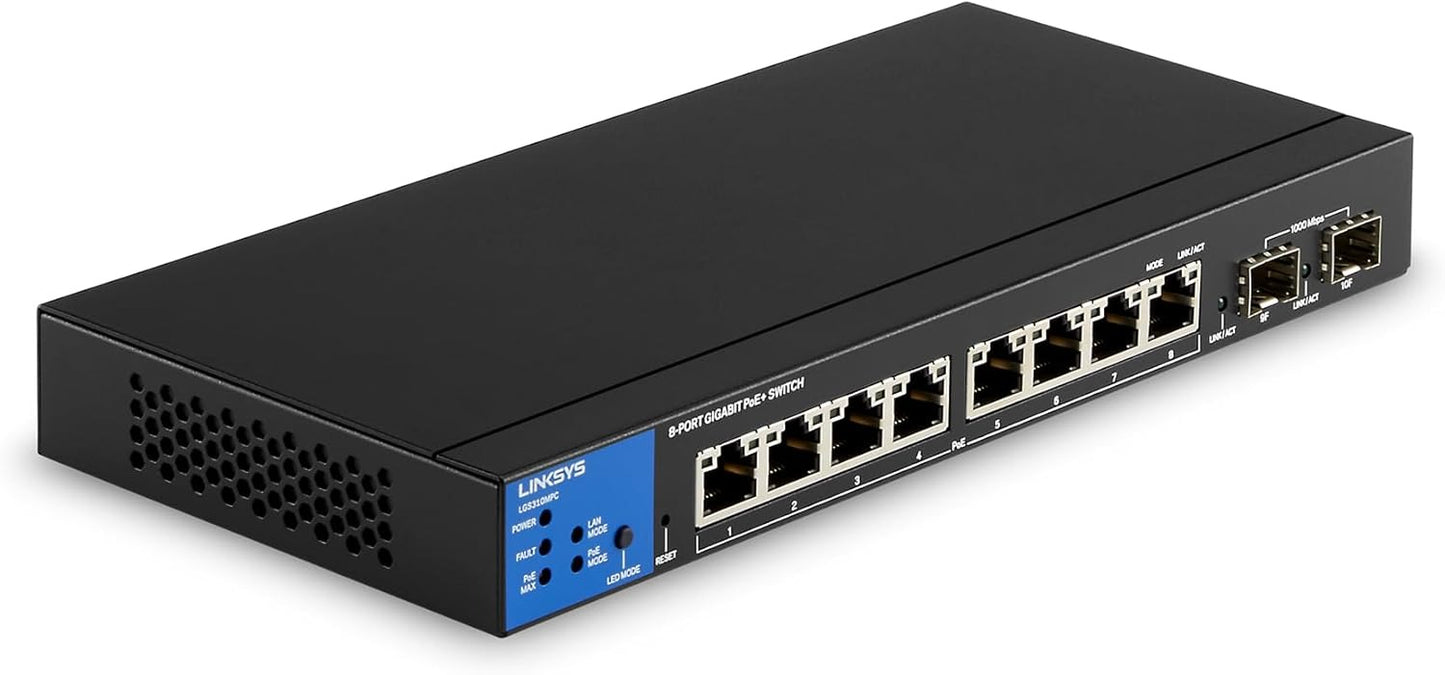 Linksys LGS310MPC 8 Port Gigabit Network PoE+ Switch 110W with 2 Uplink Gigabit SFP Slots - Advanced Security, QoS, Static Routing, VLAN, IGMP Features