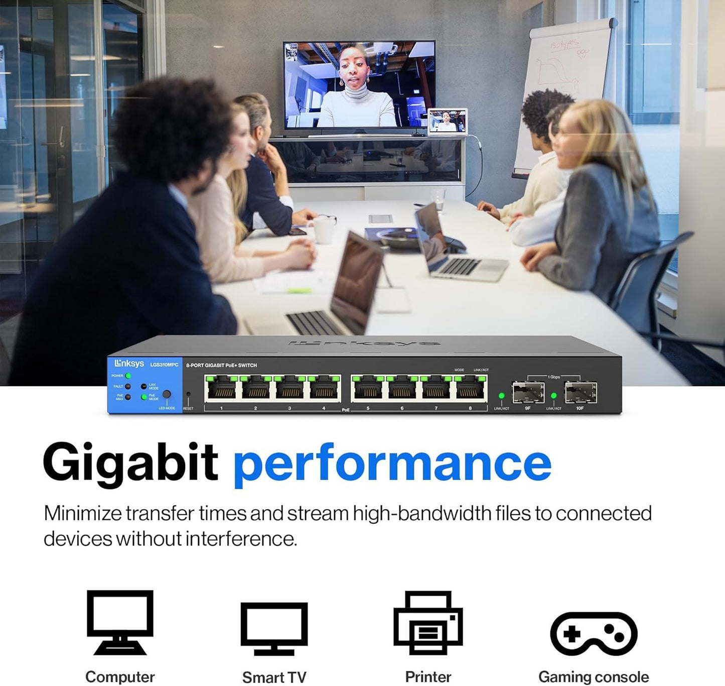 Linksys LGS310MPC 8 Port Gigabit Network PoE+ Switch 110W with 2 Uplink Gigabit SFP Slots - Advanced Security, QoS, Static Routing, VLAN, IGMP Features