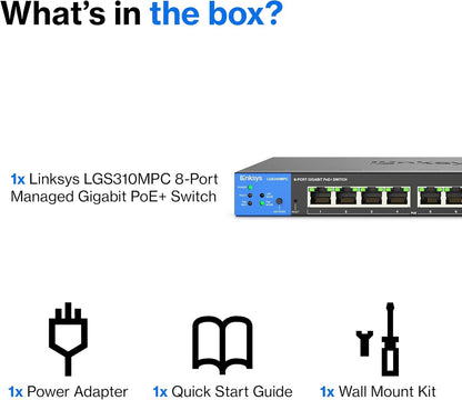 Linksys LGS310MPC 8 Port Gigabit Network PoE+ Switch 110W with 2 Uplink Gigabit SFP Slots - Advanced Security, QoS, Static Routing, VLAN, IGMP Features