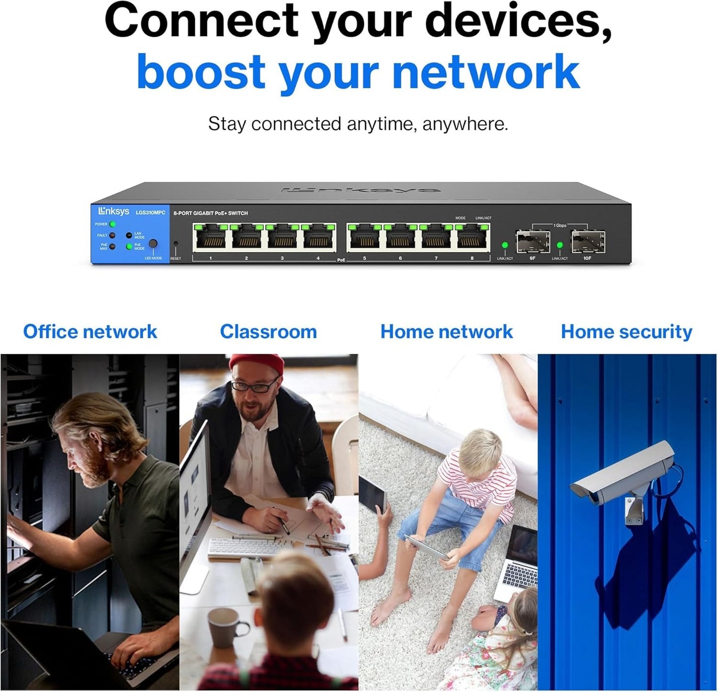 Linksys LGS310MPC 8 Port Gigabit Network PoE+ Switch 110W with 2 Uplink Gigabit SFP Slots - Advanced Security, QoS, Static Routing, VLAN, IGMP Features