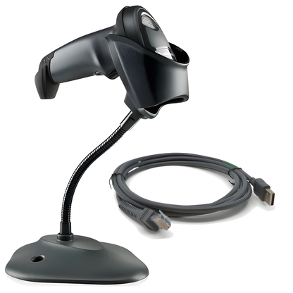 Zebra LI2208 1D linear imager in Twilight Black shown in a gooseneck Intellistand, stand sold separately