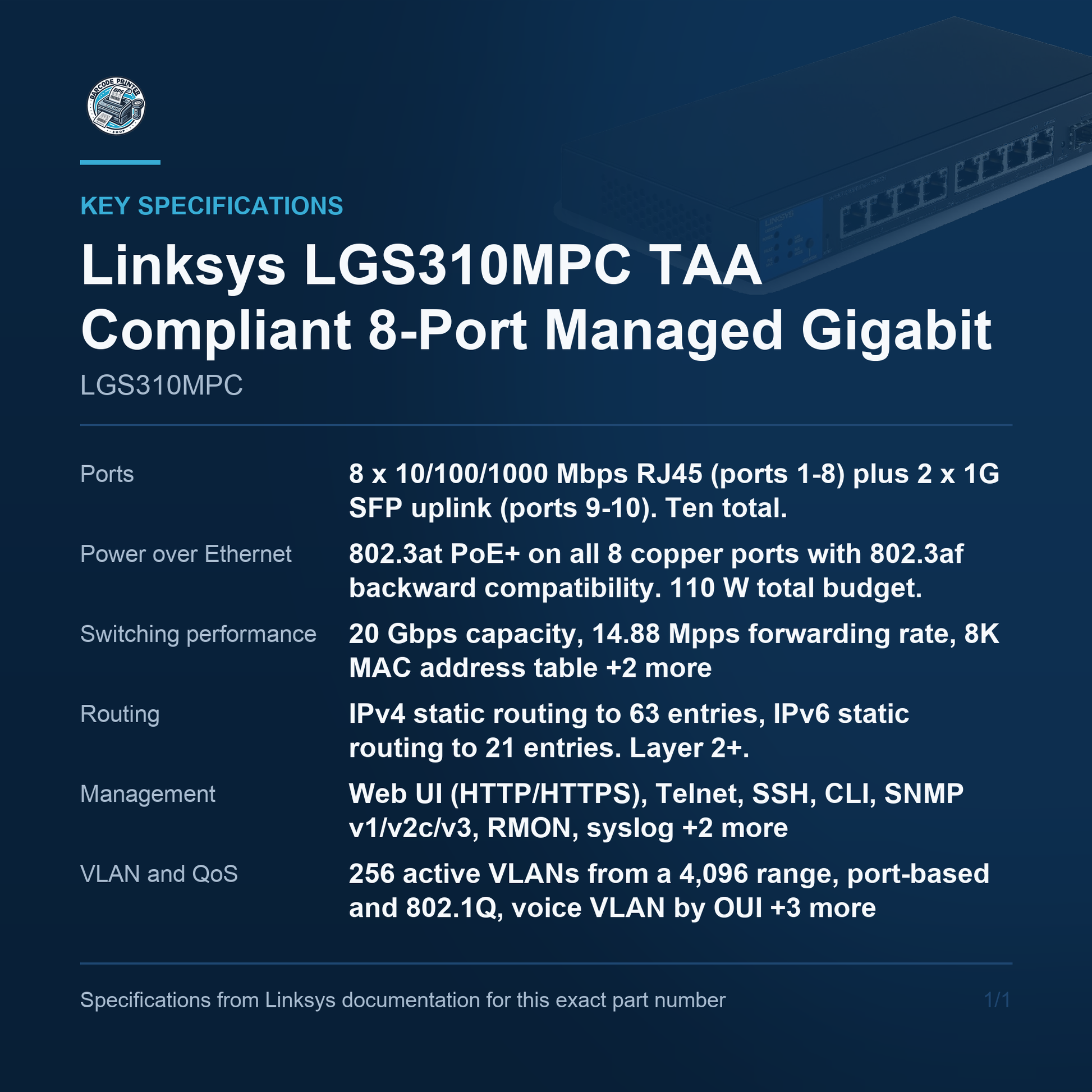 Linksys LGS310MPC TAA Compliant 8-Port Managed Gigabit PoE+ LGS310MPC key specifications