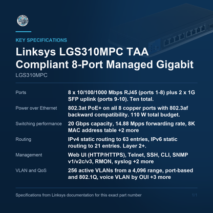 Linksys LGS310MPC TAA Compliant 8-Port Managed Gigabit PoE+ LGS310MPC key specifications