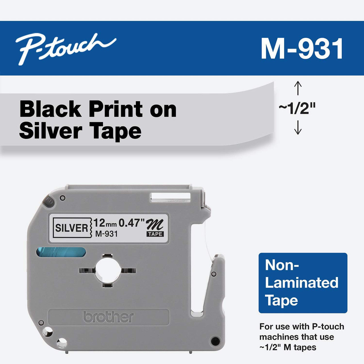 New, Pre-owned, Genuine Brother P-Touch M-931 Tape, 1/2" (0.47") Wide Standard Non-Laminated Tape, Black on Silver, 0.47" x 26.2' (12mm x 8M)
