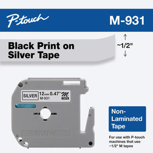 New, Pre-owned, Genuine Brother P-Touch M-931 Tape, 1/2" (0.47") Wide Standard Non-Laminated Tape, Black on Silver, 0.47" x 26.2' (12mm x 8M)