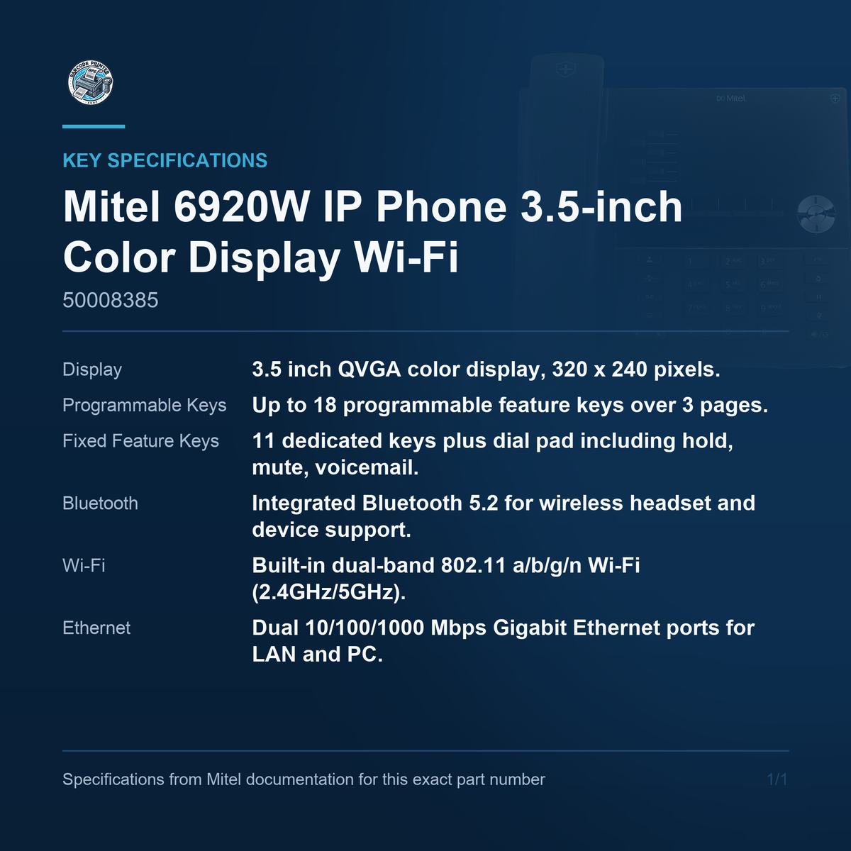 Mitel 6920W IP Phone 3.5-inch Color Display Wi-Fi 50008385 key specifications