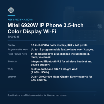 Mitel 6920W IP Phone 3.5-inch Color Display Wi-Fi 50008385 key specifications