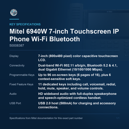 Mitel 6940W 7-inch Touchscreen IP Phone Wi-Fi Bluetooth 50008387 key specifications