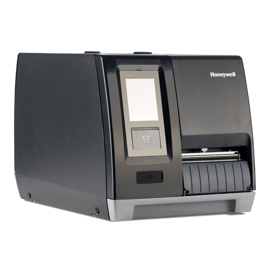 Honeywell PM45A industrial label printer viewed from the left with the media door closed