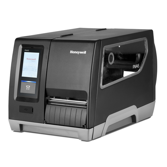 Honeywell PM45A industrial label printer, front three-quarter view with the full touch display