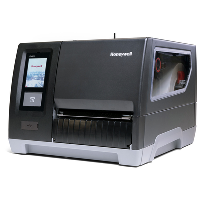 Honeywell PM65 industrial label printer with touch display and Wi-Fi antenna, angled view