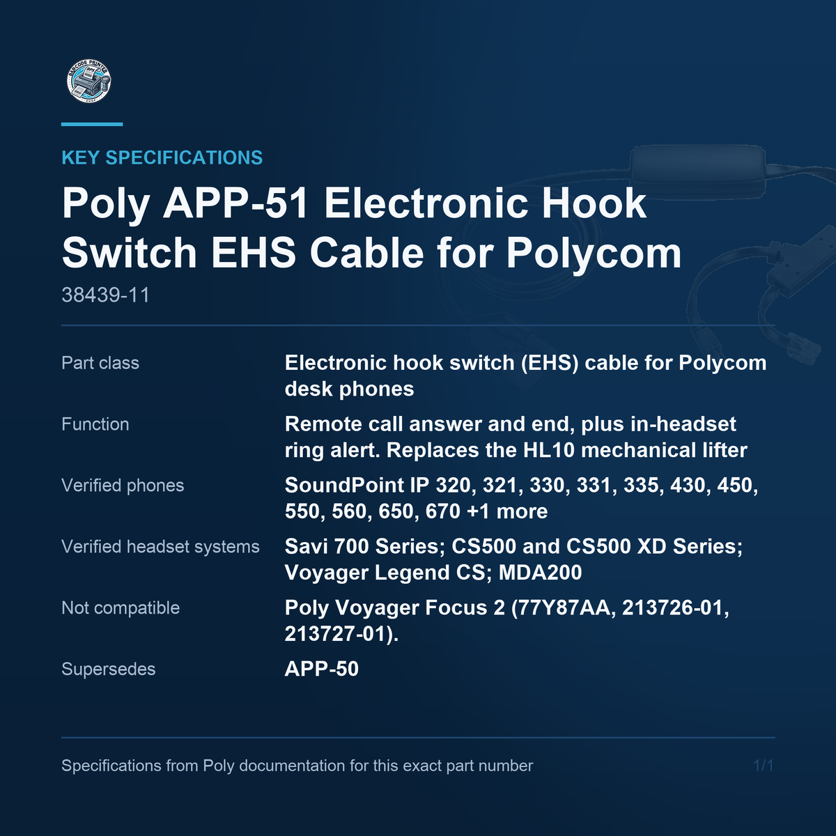 Poly APP-51 Electronic Hook Switch EHS Cable for Polycom 38439-11 key specifications