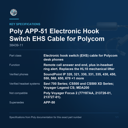 Poly APP-51 Electronic Hook Switch EHS Cable for Polycom 38439-11 key specifications