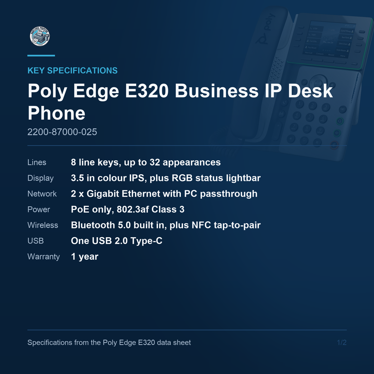 Poly Edge E320 Business IP Desk Phone 2200-87000-025 key specifications