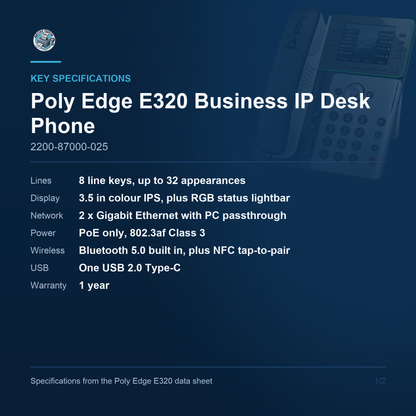Poly Edge E320 Business IP Desk Phone 2200-87000-025 key specifications