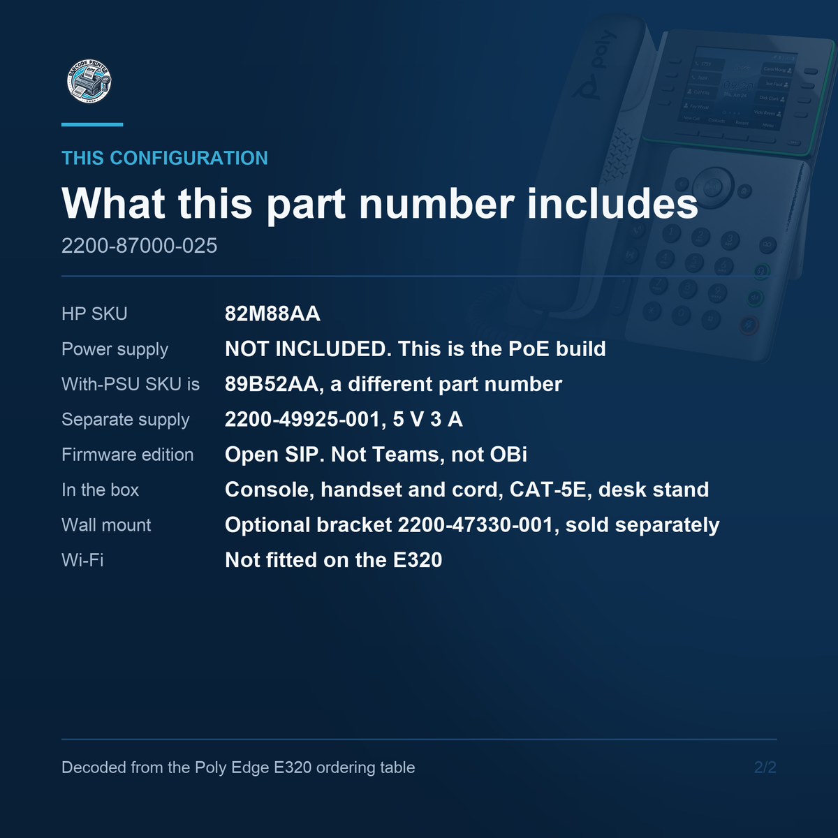 Poly Edge E320 Business IP Desk Phone 2200-87000-025 - What this part number includes