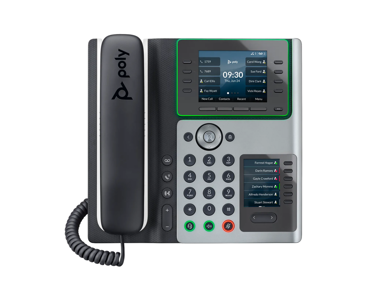 Poly Edge E450 VoIP desk phone, front view with handset and colour display