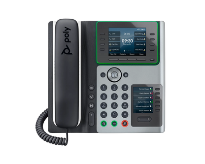 Poly Edge E450 VoIP desk phone, front view with handset and colour display