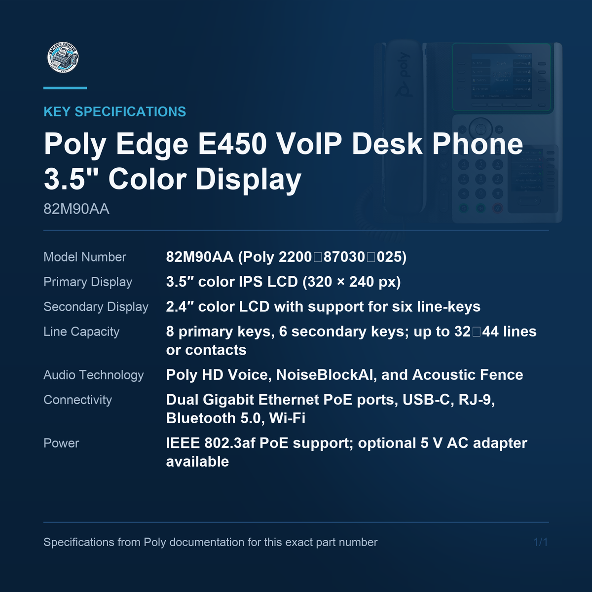 Poly Edge E450 VoIP Desk Phone 3.5" Color Display 82M90AA key specifications